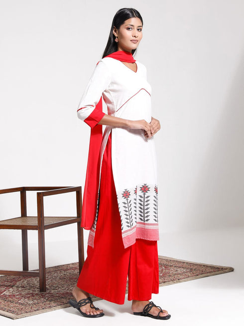 Vastramay Women's Cotton Jacquard Kurta Palazzo And Dupatta Set